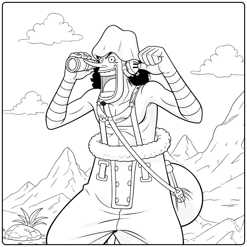 Usopp kleurplaat met verrekijker in bergen, actiepose