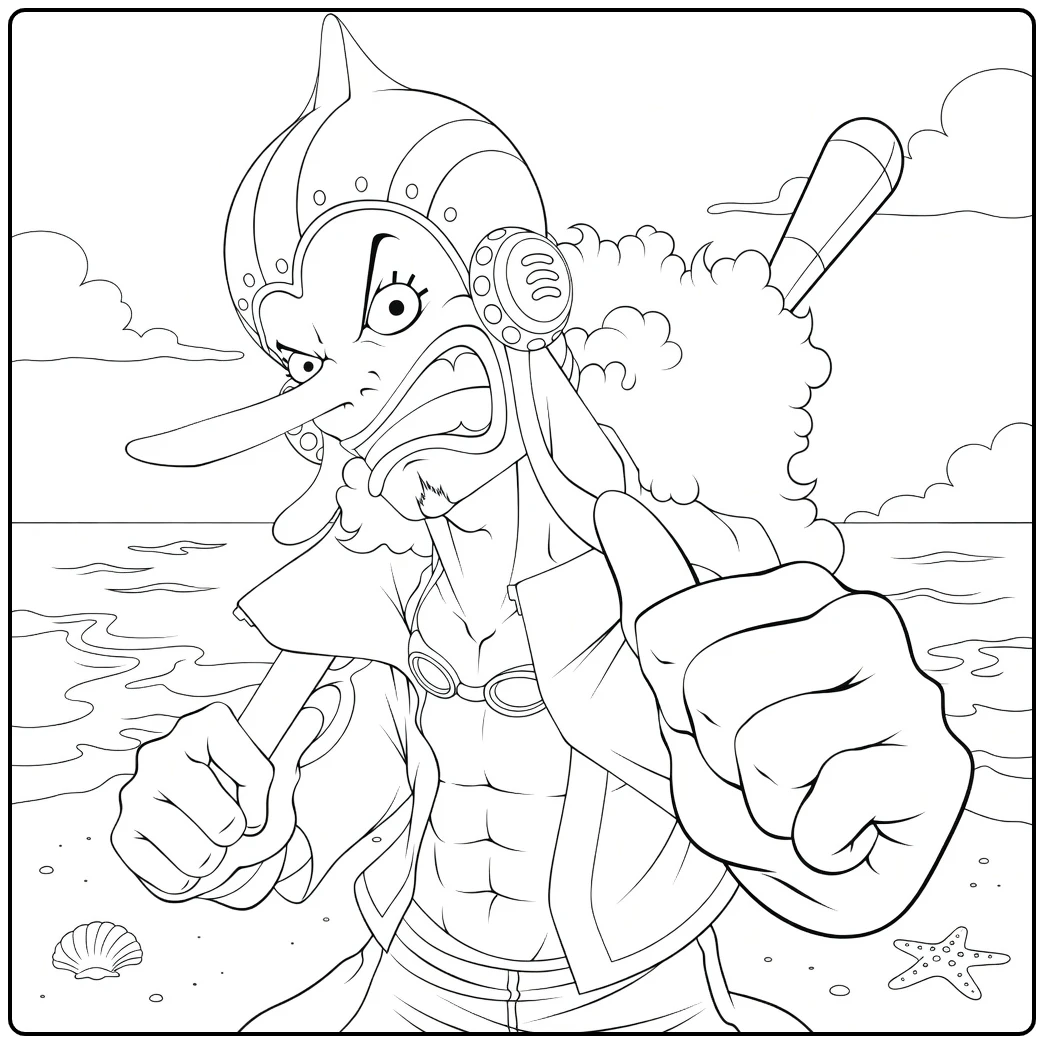 Usopp kleurplaat: boze Usopp met knuppel op strand