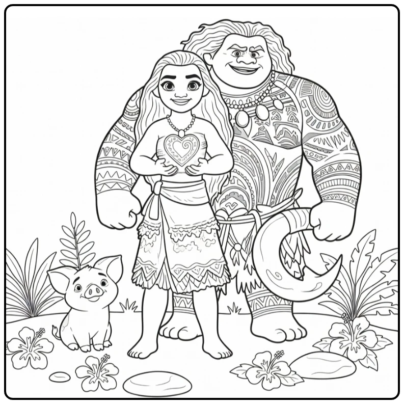 Vaiana Kleurplaat: Vaiana met hartketting, Maui en Pua