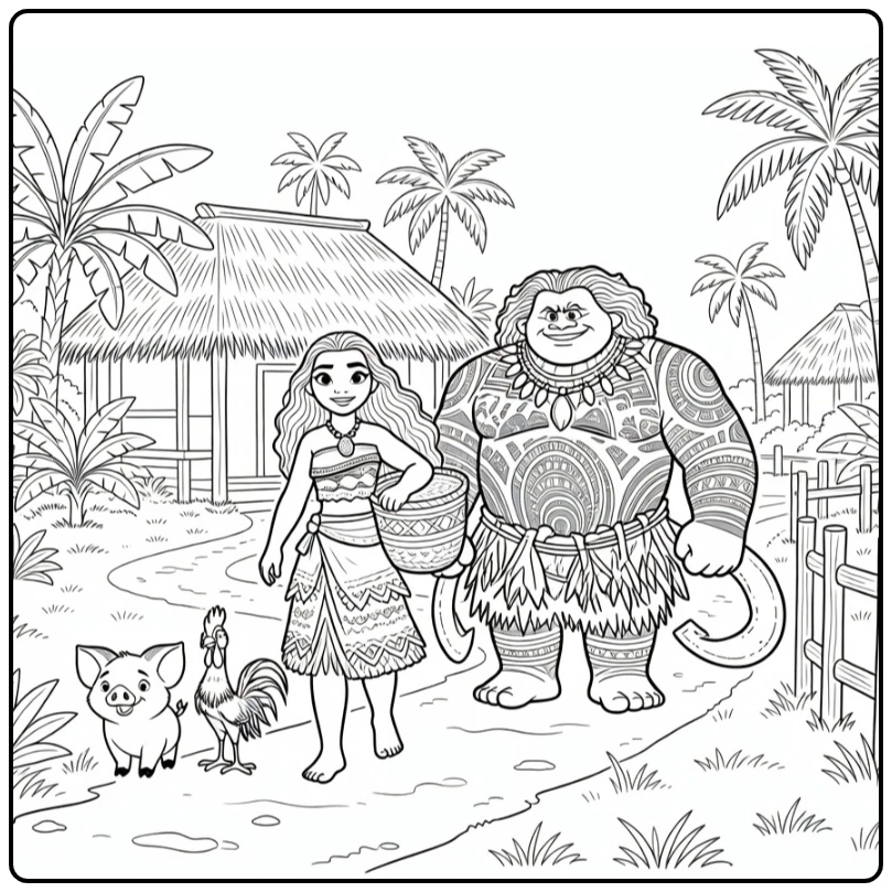 Vaiana Kleurplaat: Vaiana met mand, Maui, Pua, Heihei op pad