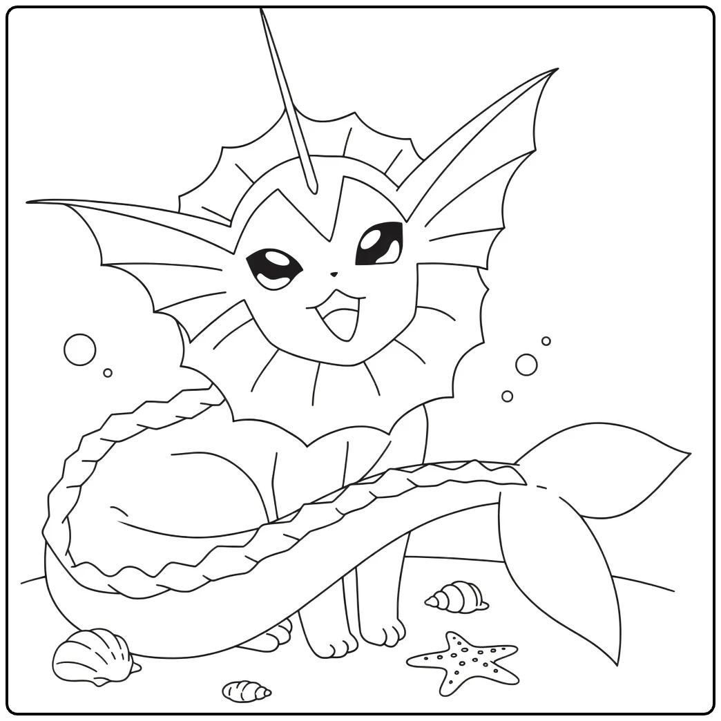 Vaporeon Water Pokemon Kleurplaat met bellen schelpen