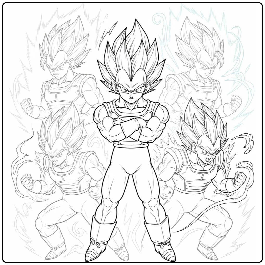 Vegeta kleurplaat met Super Saiyan, Blue & Ultra Ego vormen