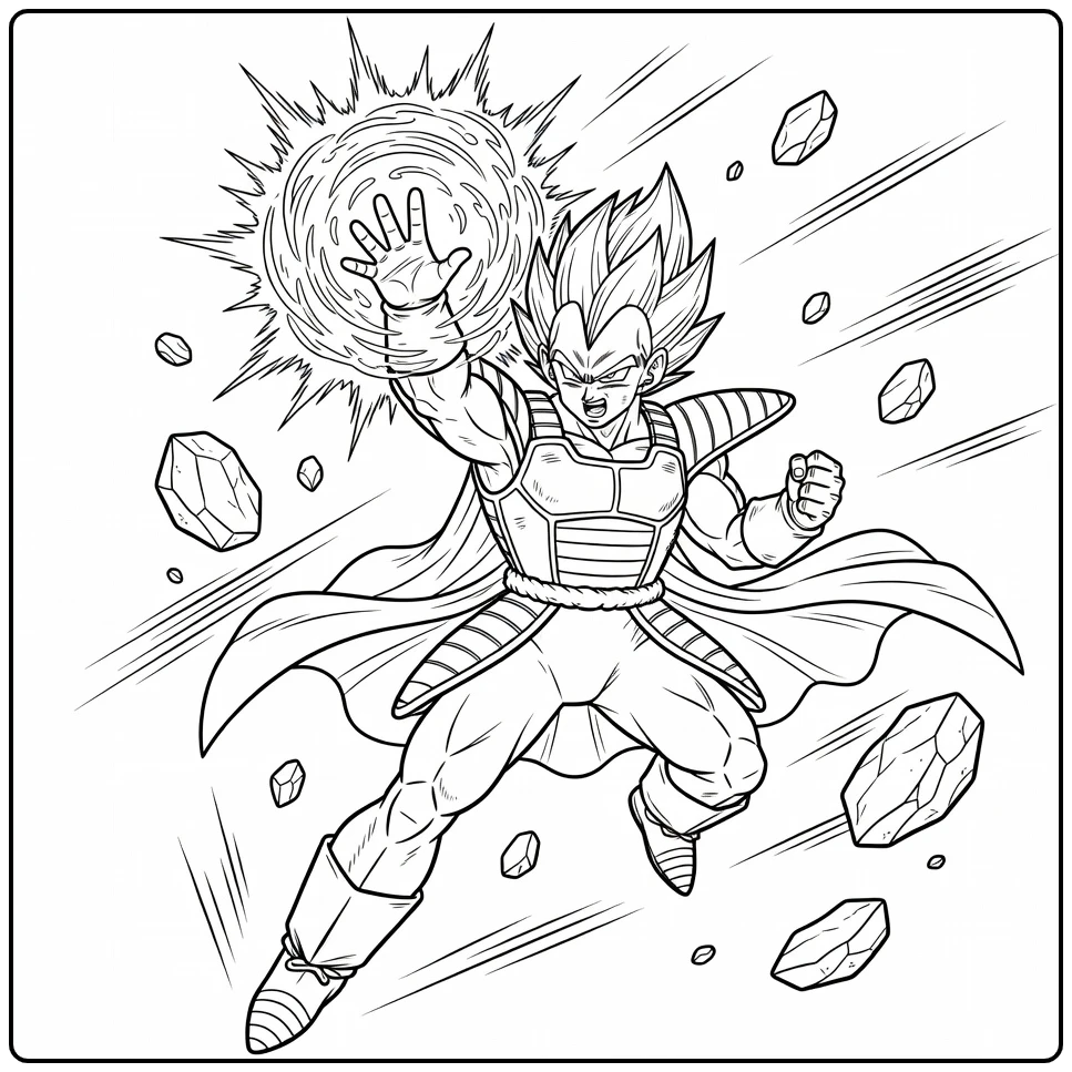 Vegeta kleurplaat: energie blast boven palm, actie met rotsen
