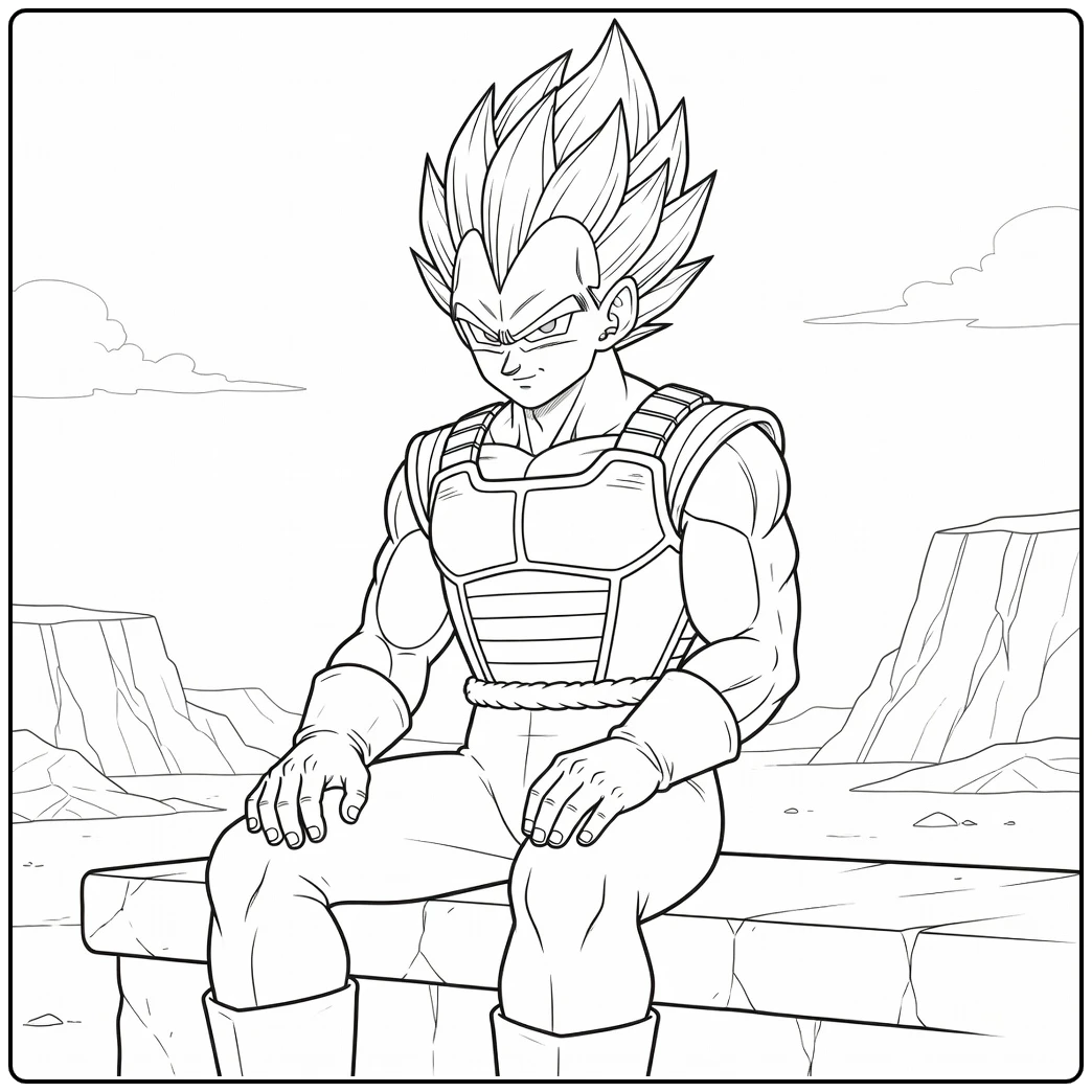 Vegeta kleurplaat: kalme Saiyan op rotsrichel, serieus