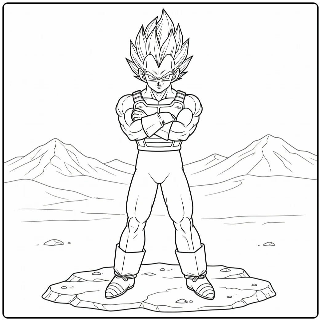 Vegeta Kleurplaat: trots met armen gekruist in Saiyan pak