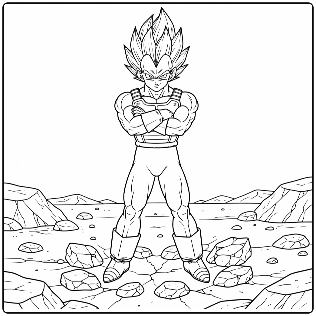 Vegeta kleurplaat: armen gekruist op rotsig slagveld