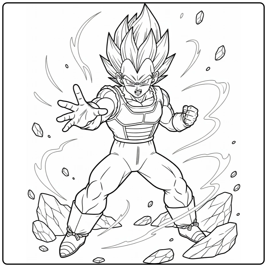 vegeta kleurplaat Super Saiyan Blue in vechtpose met aura