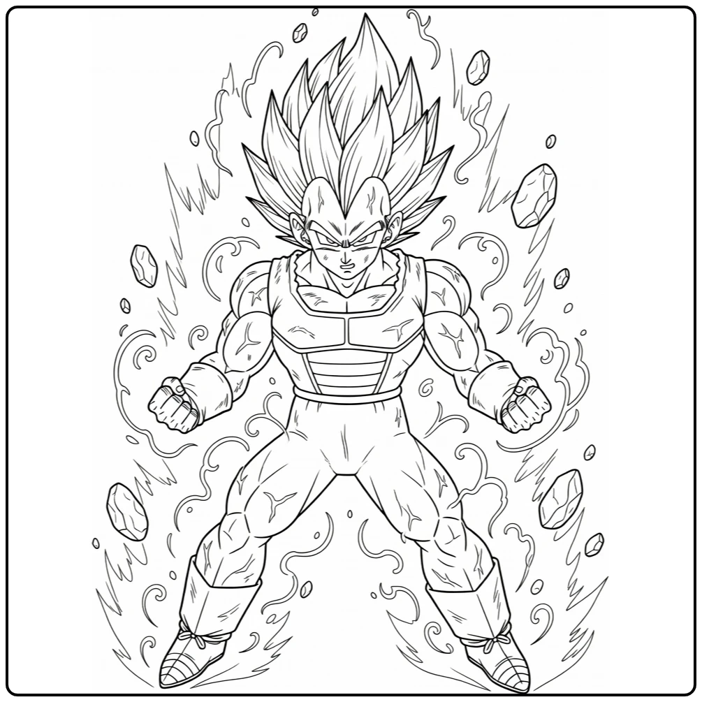 Vegeta kleurplaat Super Saiyan transformatie met aura en stenen
