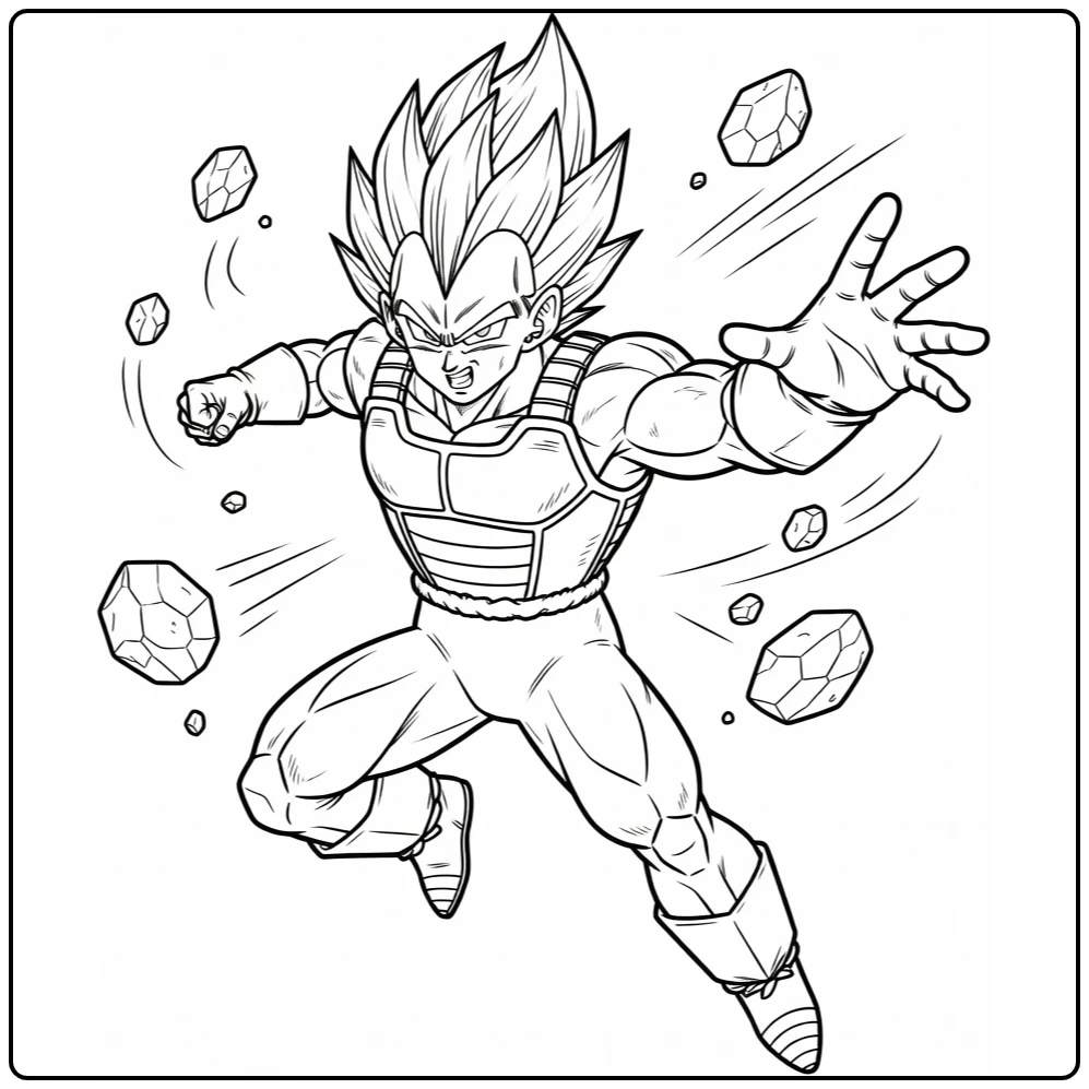 Vegeta Kleurplaat: vliegende Vegeta met aanvalshand