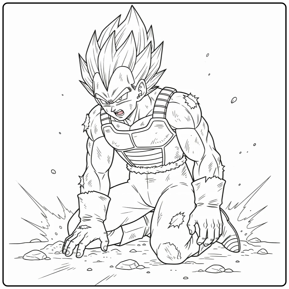 Vegeta kleurplaat: knielende uitgeputte Vegeta na gevecht