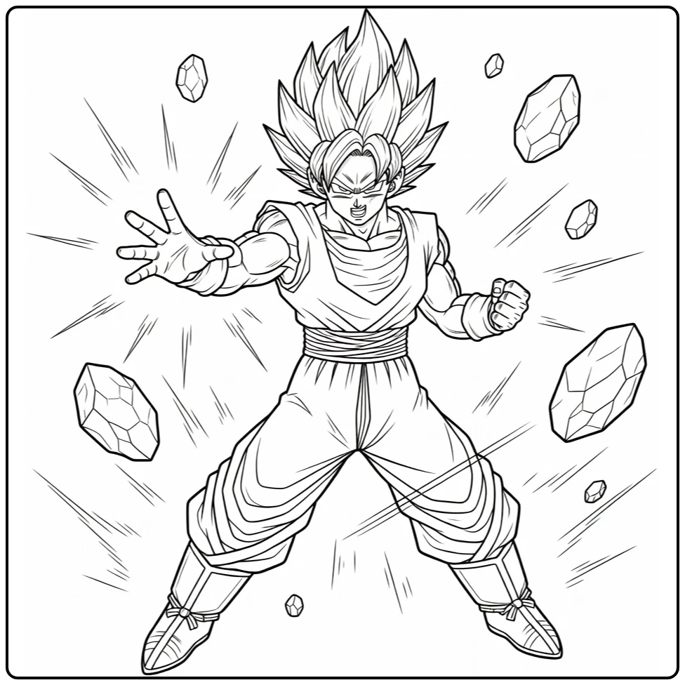 Vegito Kleurplaat dynamische gevechtspose armen uitgestrekt
