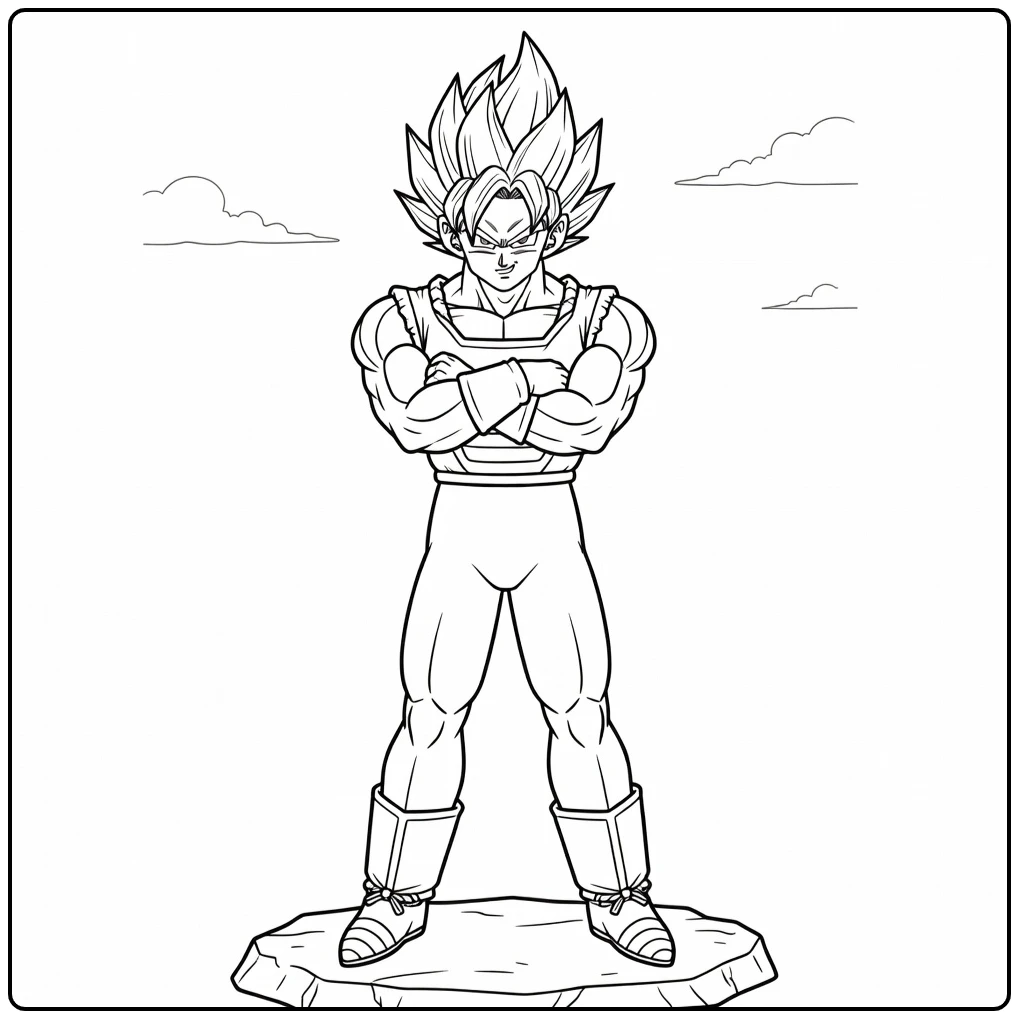 Vegito Kleurplaat: trotse pose met glimlach en armen gekruist