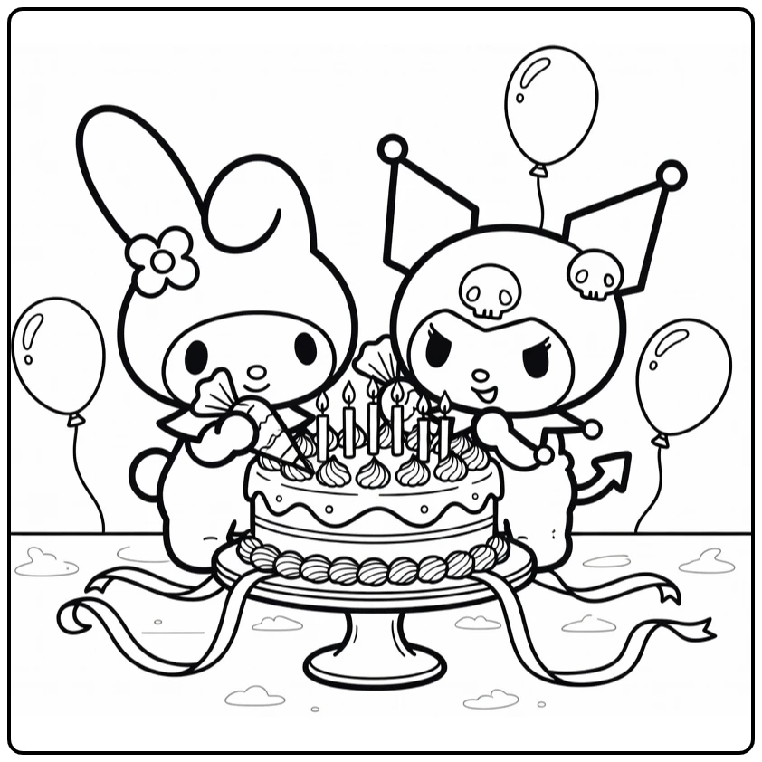 my melody and kuromi kleurplaat verjaardagstaart versieren