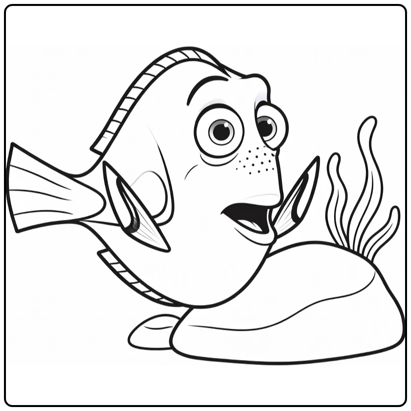 Dory kleurplaat: verraste Dory bij oceaanrots en zeewier