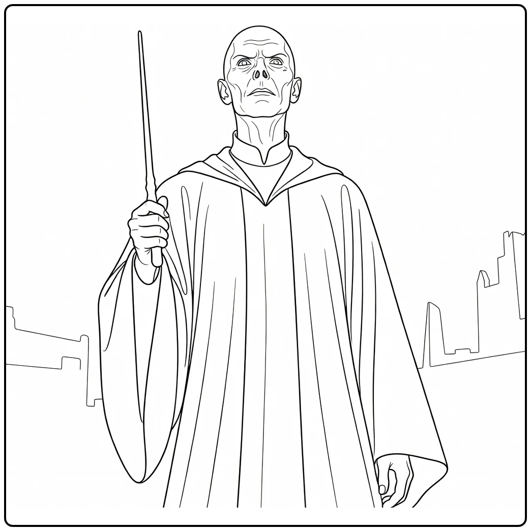 Voldemort Harry Potter Kleurplaat: felle blik omhoog met staf