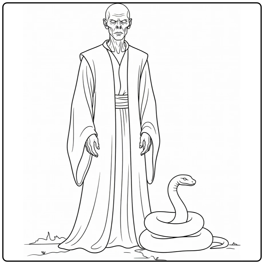 Voldemort Harry Potter Kleurplaat met dreigende pose en Nagini