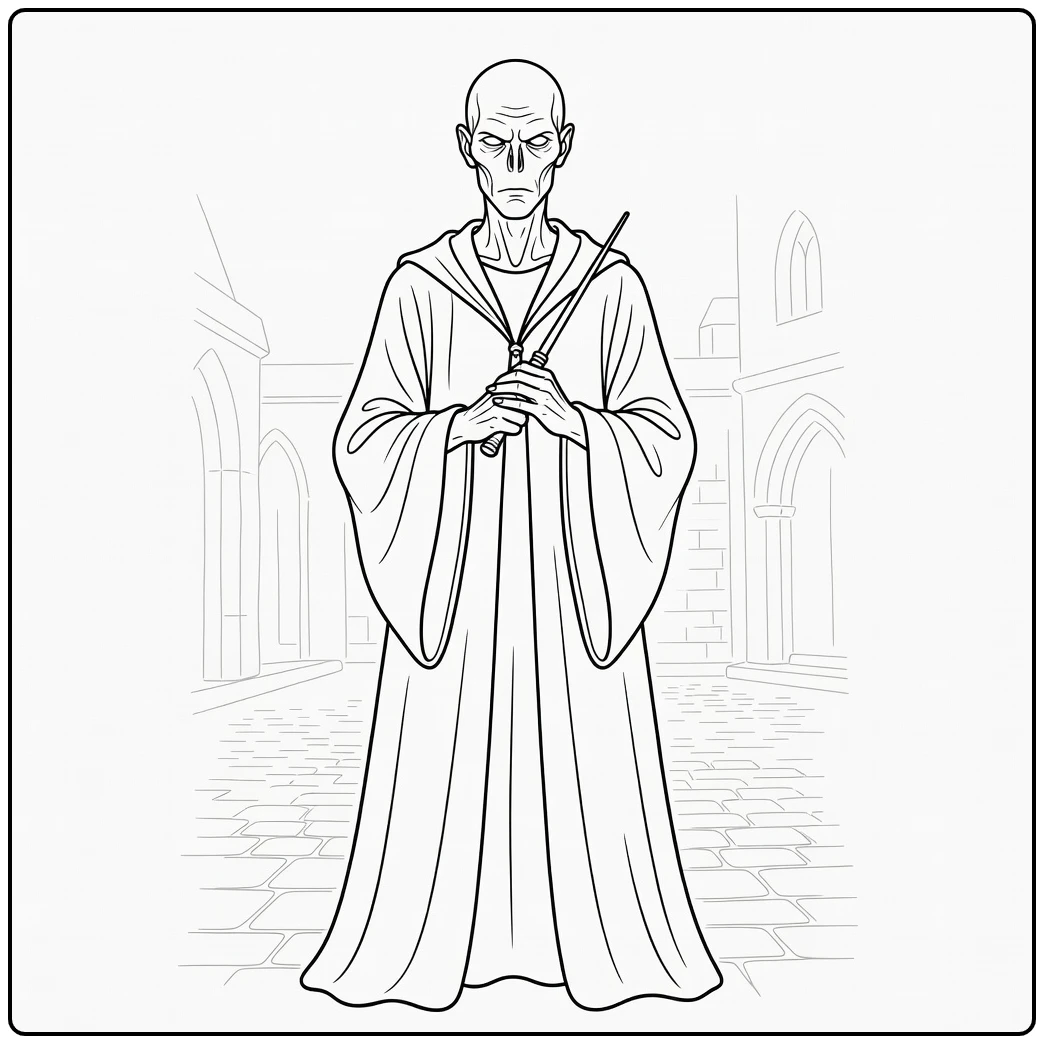 Voldemort Harry Potter Kleurplaat frontaal met staf