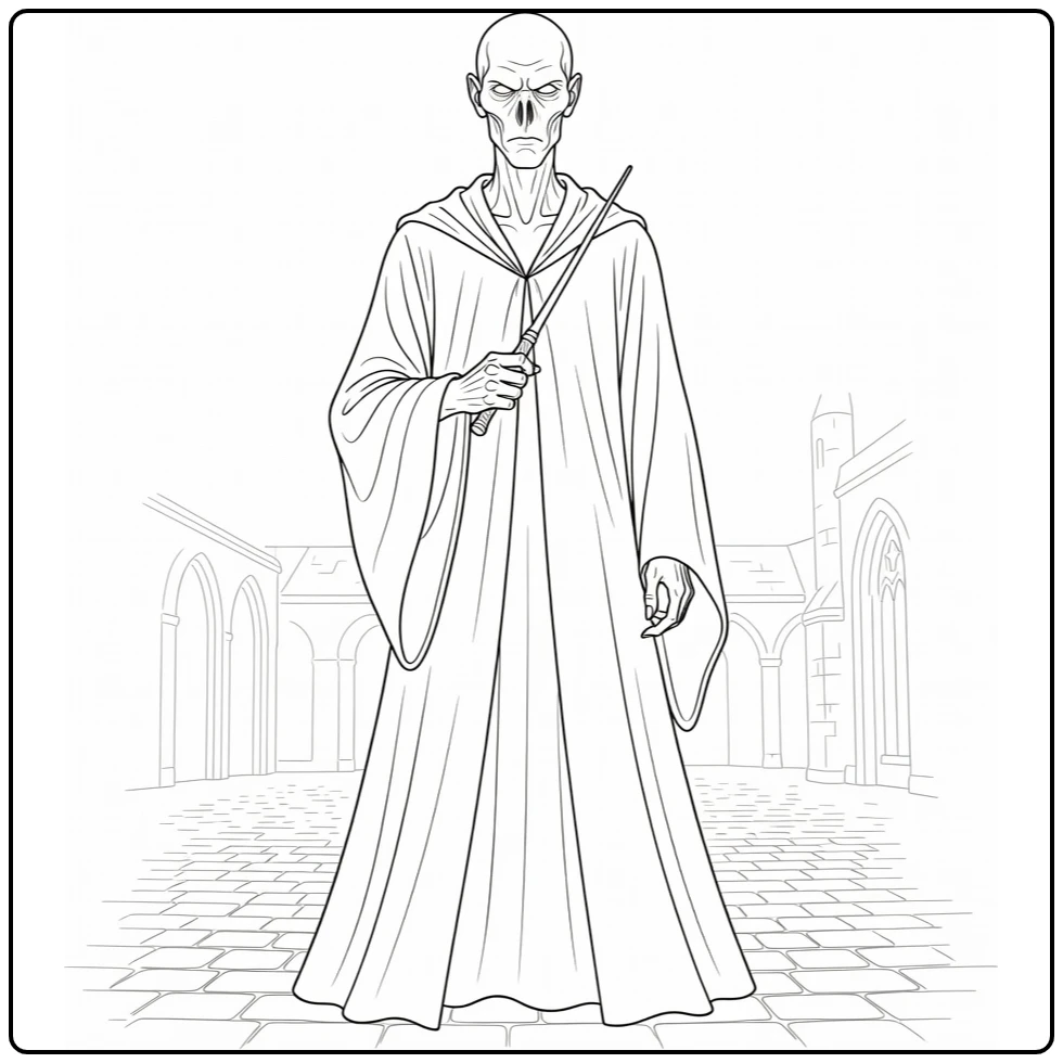 Voldemort Harry Potter Kleurplaat frontaal met toverstaf en Hogwarts hof