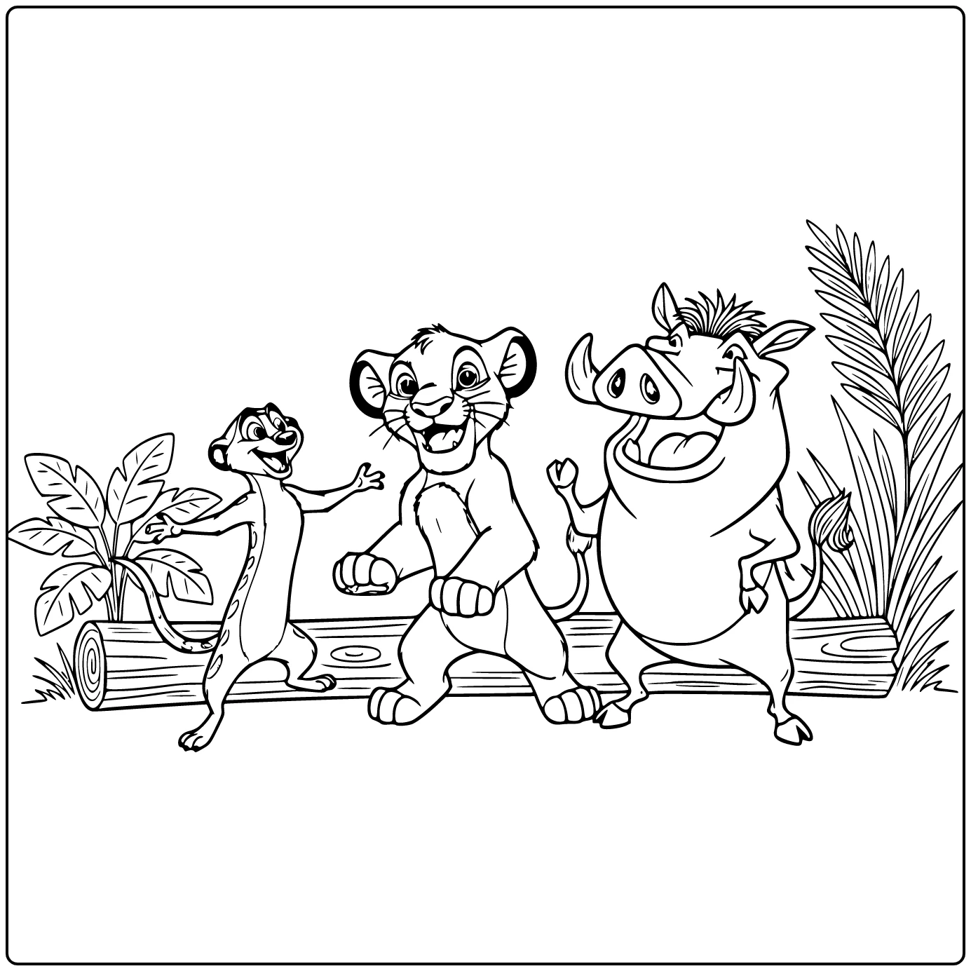 Kleurplaat leeuwenkoning: Simba met Timon en Pumbaa vrolijk