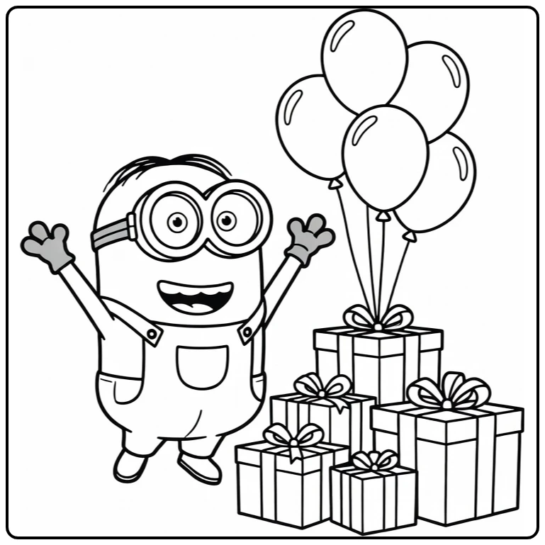 minions verjaardag kleurplaat springende minion bij cadeaus