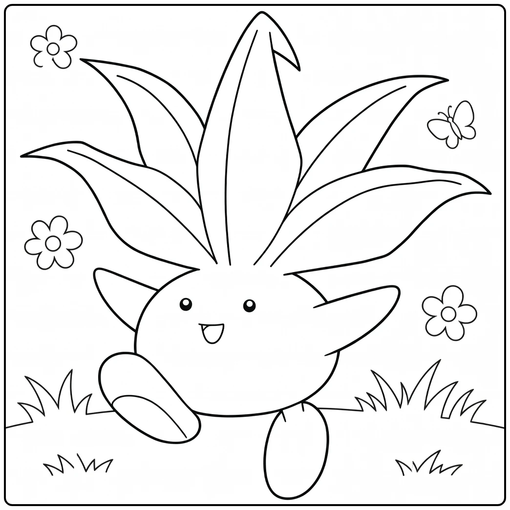 Oddish Kleurplaat met bloemen, vlinders en gras