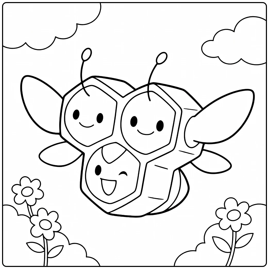 Pokemon Combee kleurplaat met wolken en bloemen