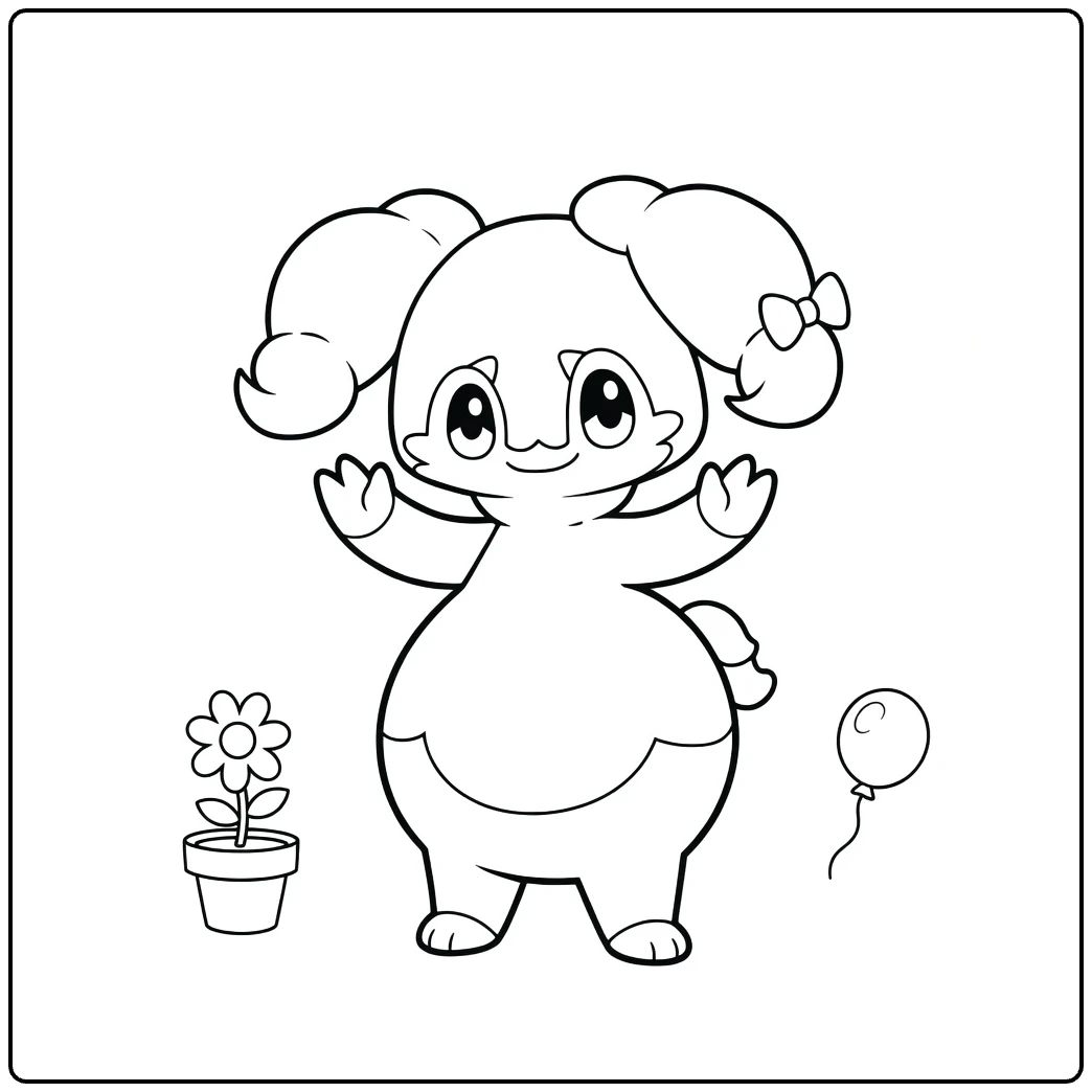 Pokemon Indeedee kleurplaat met bloempot, bloem en ballon