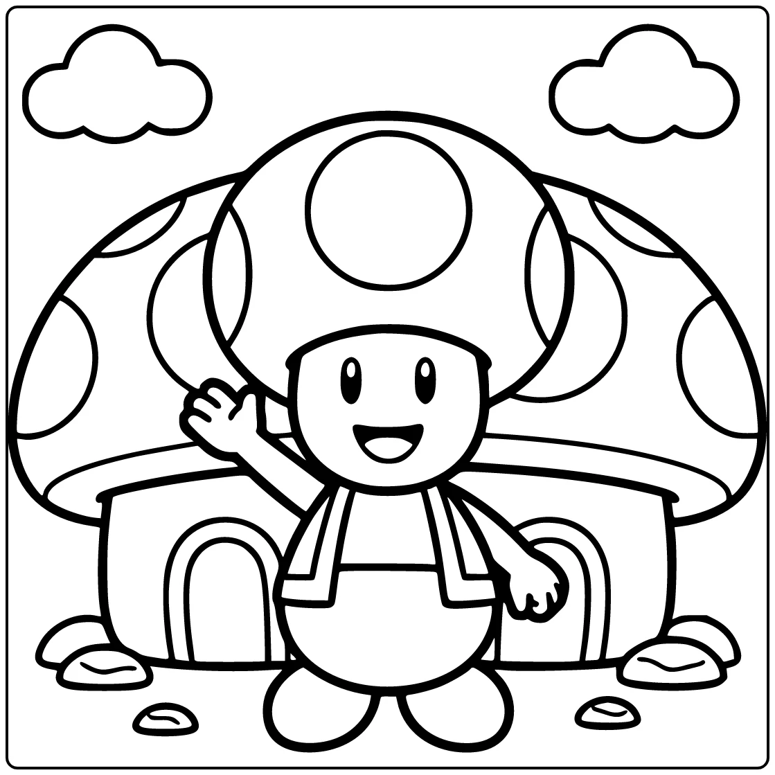 Toad mario kleurplaat: vrolijk zwaaiende Toad bij reusachtige heg
