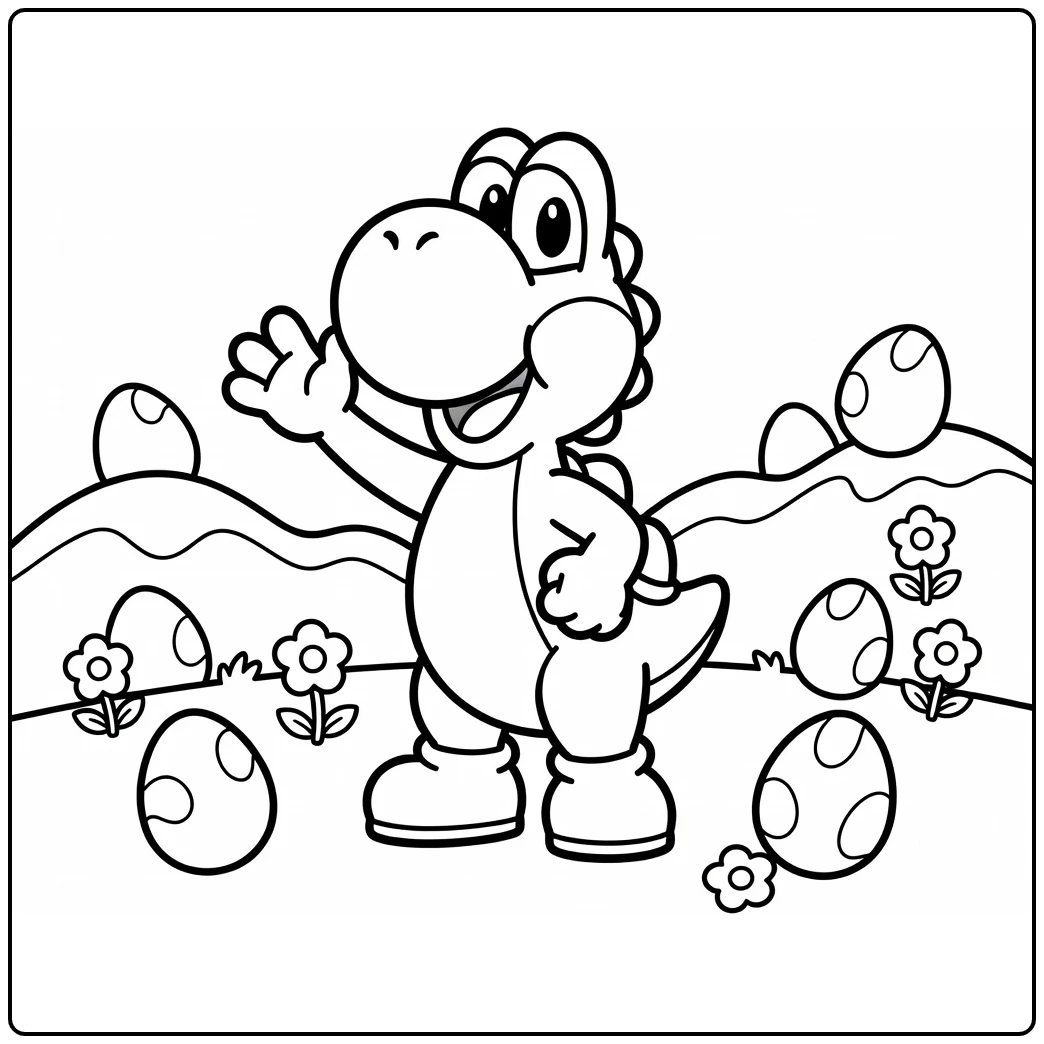 Yoshi kleurplaat: blije Yoshi zwaait met eieren en bloemen