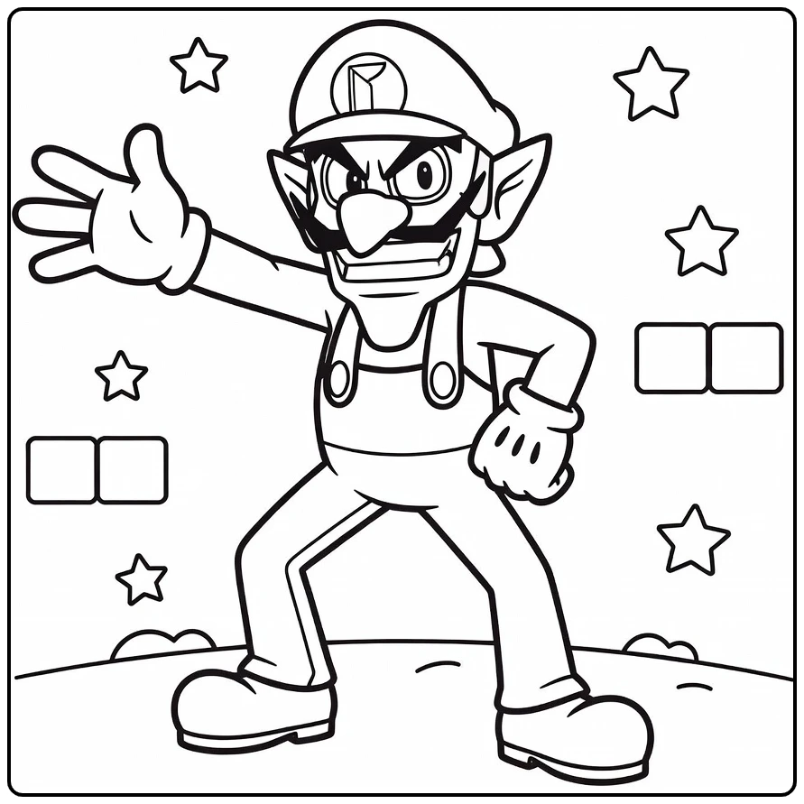 Waluigi kleurplaat: dramatische pose met arm uitgestrekt