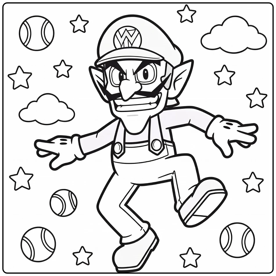 Waluigi kleurplaat met draaiende Waluigi, grijns, tennisballen