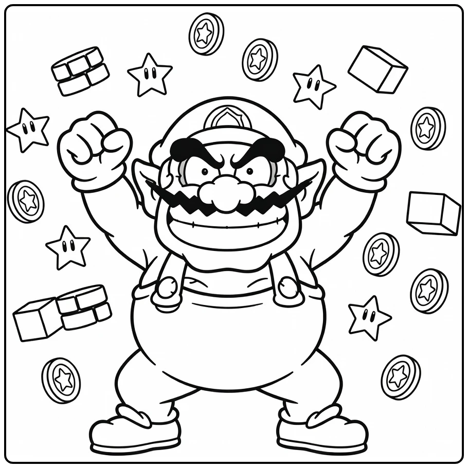 Wario kleurplaat: grijnzende Wario vuisten omhoog munten