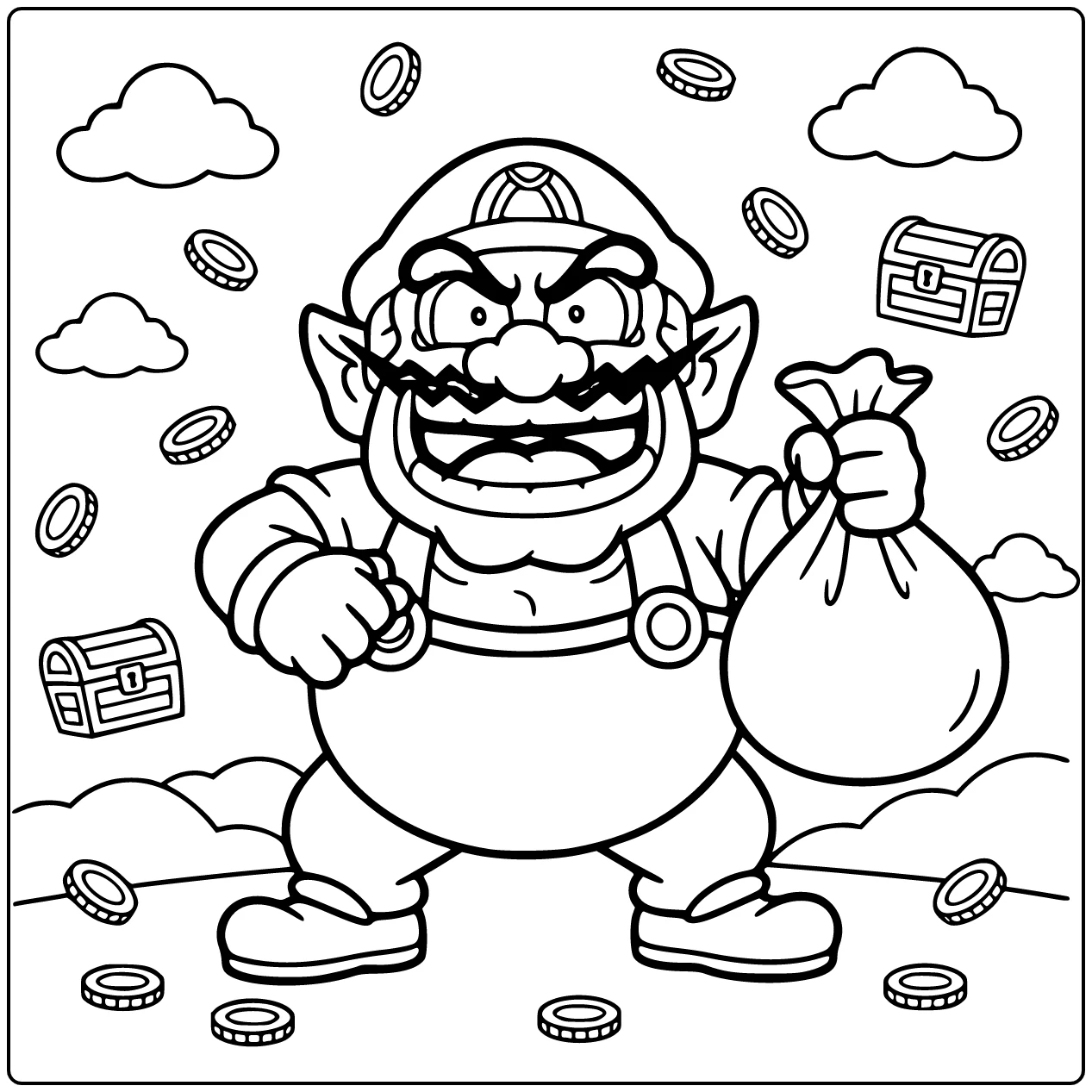 Wario kleurplaat: lachende Wario met grote muntzak