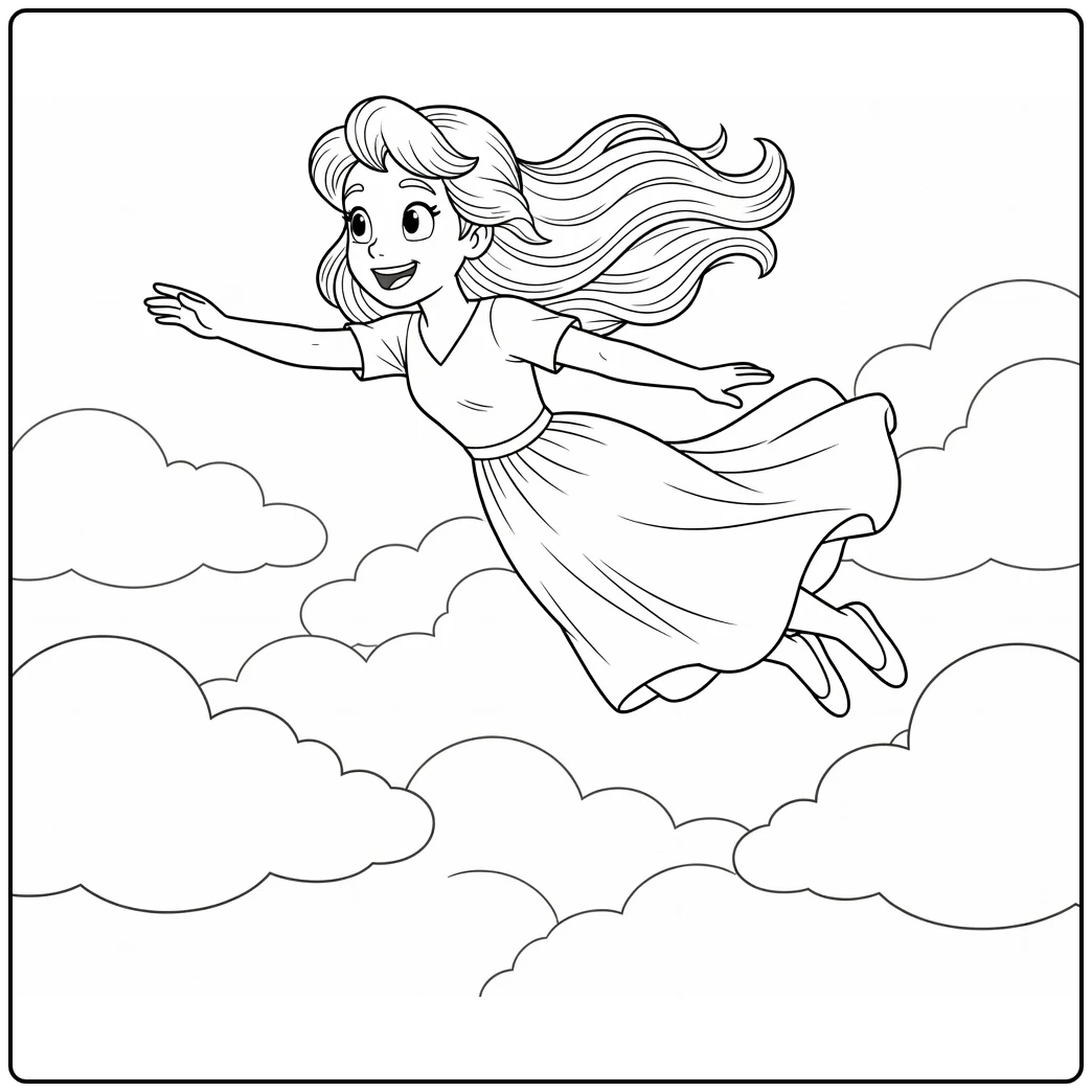 Wendy Darling Kleurplaat zwevend boven zachte wolken
