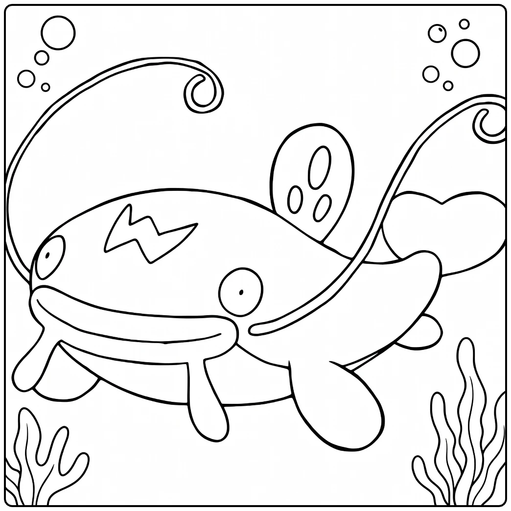 Whiscash Water Pokemon Kleurplaat met bubbels en zeewier