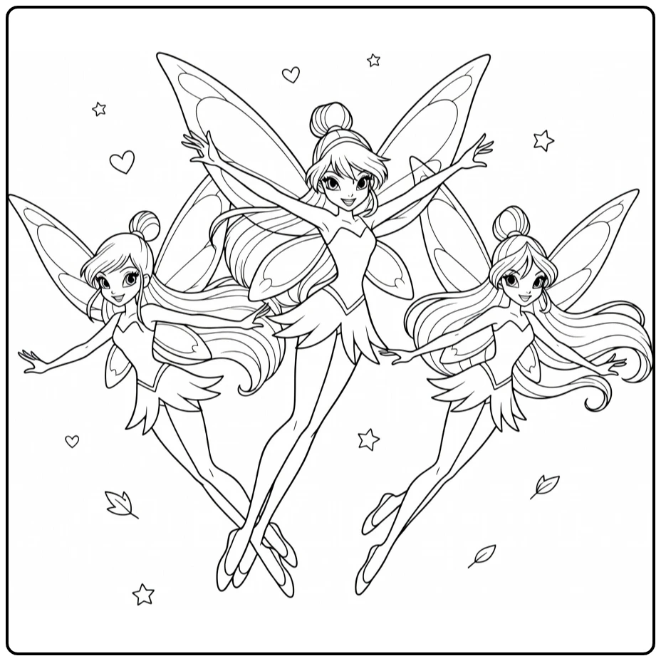 winx club kleurplaat Bloom Aisha Flora vliegend met harten