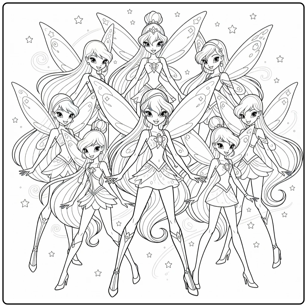 Winx Club kleurplaat: Bloom centraal met Stella, Flora, Musa, Tecna, Aisha