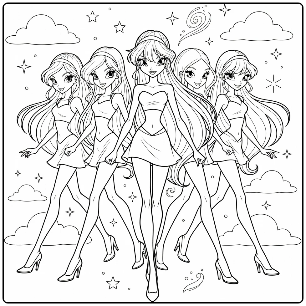 winx club kleurplaat Bloom voorop met Flora Musa Aisha