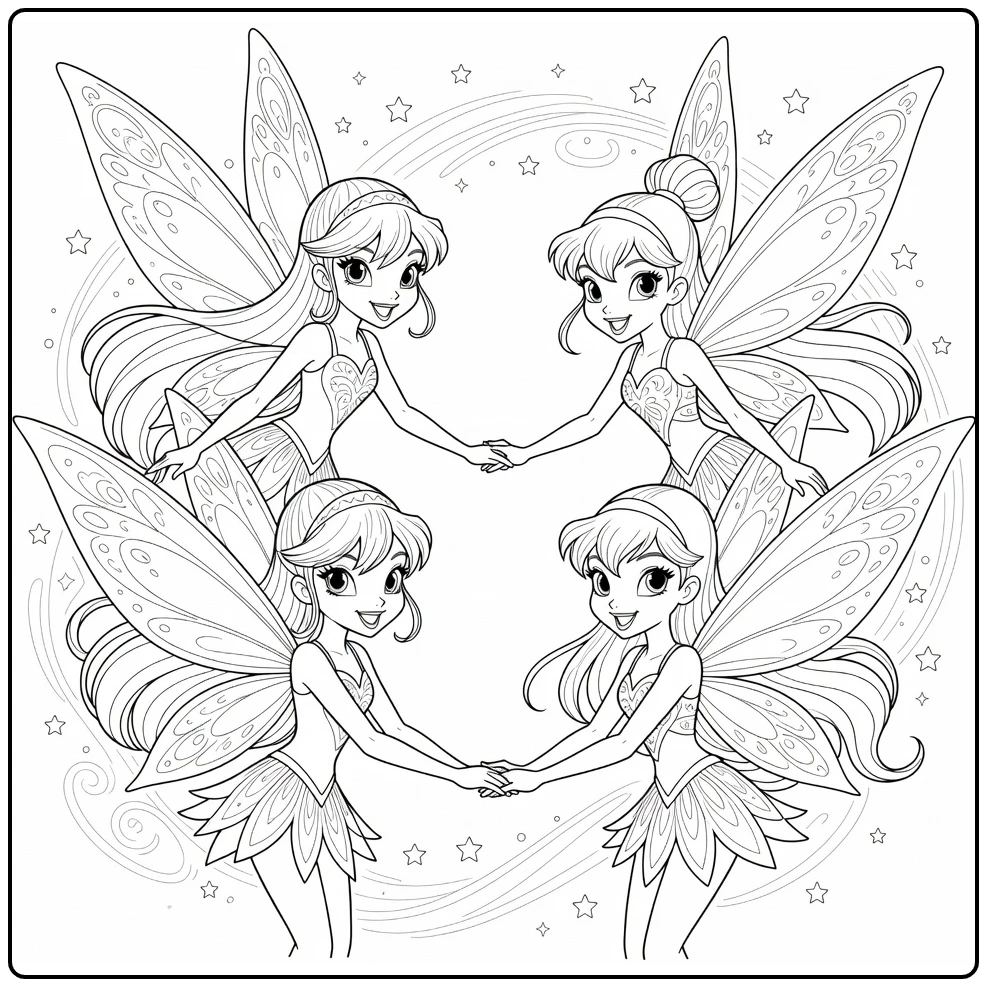 Winx Club kleurplaat met Bloom, Stella, Musa, Tecna als feeën