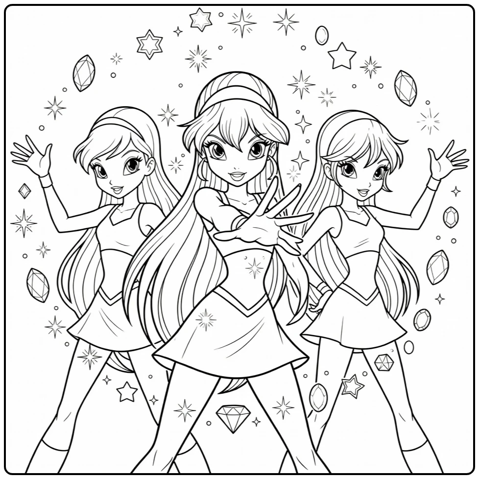 Winx club kleurplaat Bloom tovert spreuk met Stella Tecna