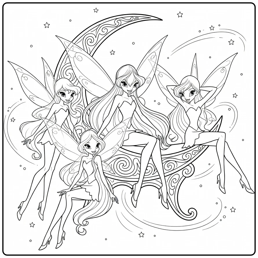 Winx club kleurplaat Bloom op maanstoel met Stella Musa Flora