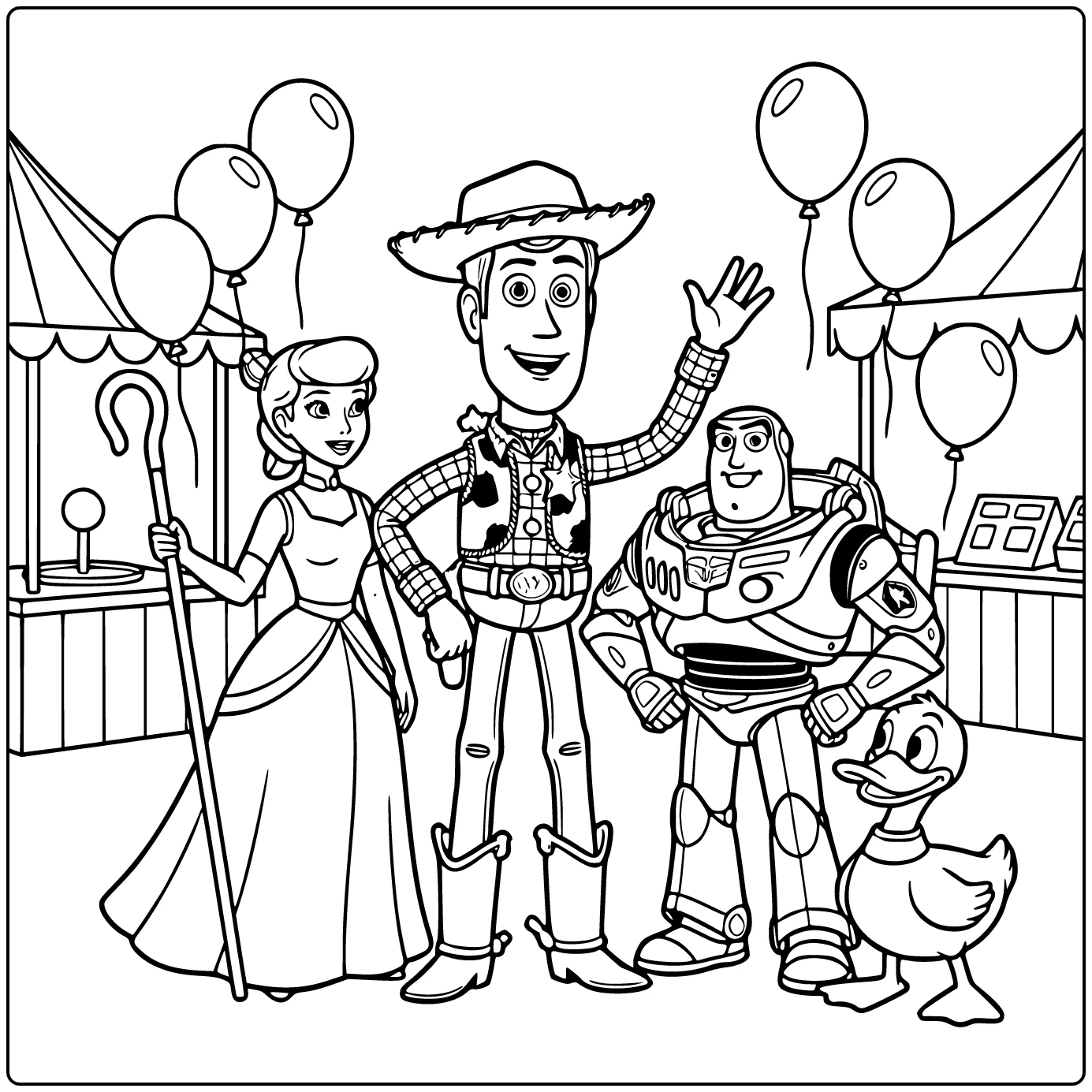 Toy Story kleurplaat: Woody centraal op carnaval met Bo Peep