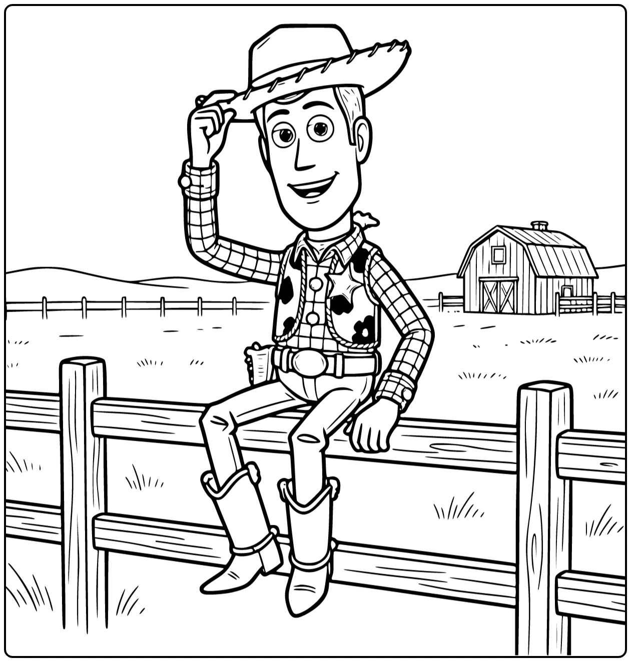 Woody kleurplaat: Woody op houten hek in rustige western, hoed tikkend