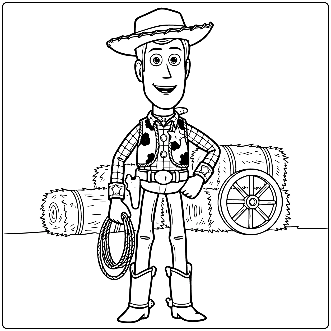 Woody kleurplaat: Woody met opgerold touw en zelfverzekerde lach