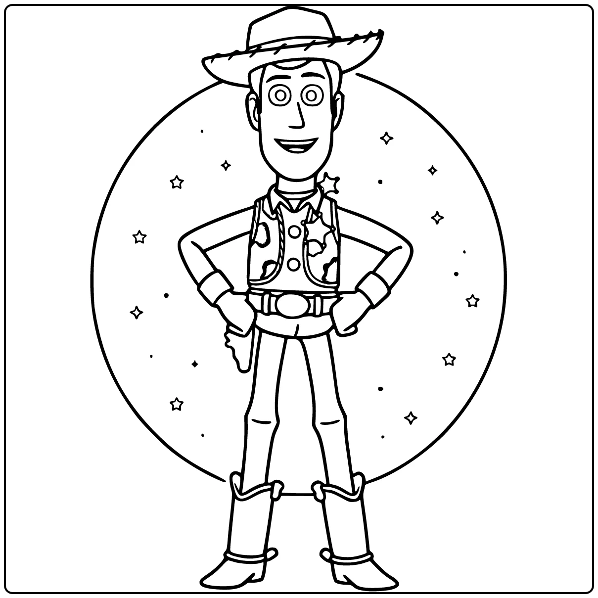 Woody kleurplaat: trotse Woody met handen in de zij