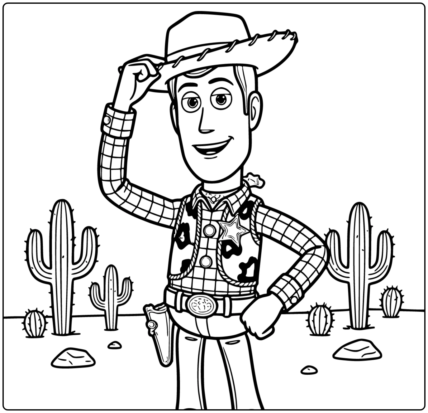 Woody kleurplaat: zelfverzekerde Woody met hand op cowboyhoed