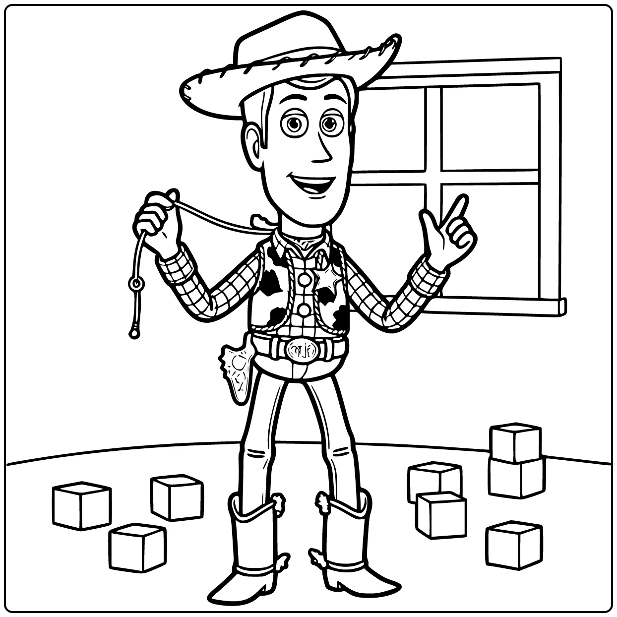 Woody kleurplaat: verbaasde speelse Woody met trekkoord