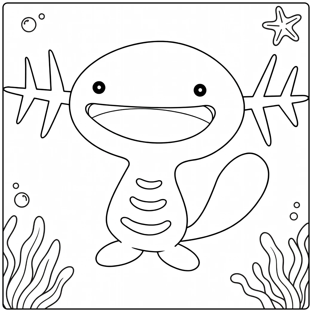 Wooper Water Pokemon Kleurplaat: lachende Wooper met bubbels