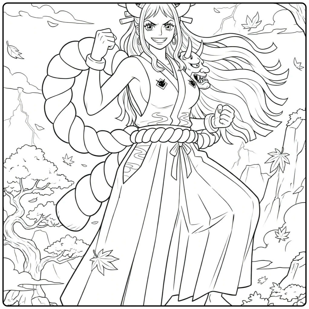 Yamato kleurplaat One Piece met hoorns kimono bladeren