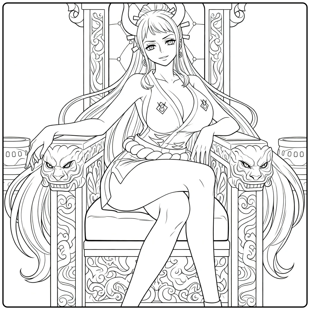 Yamato kleurplaat: Yamato op troon met drakenkoppen